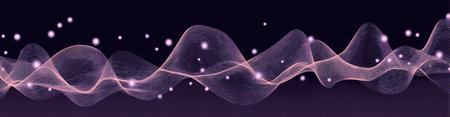 Abstract image of flowing, glowing, translucent waves with light particles on a dark backgroundの素材