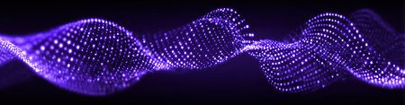 Abstract, purple wave of glowing particles, shimmering on a black background, with depth of fieldの素材