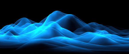 Abstract, glowing blue waves layered over each other against a black backgroundの素材
