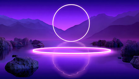 Neon rings float above still water, reflecting purple mountains in the tranquil landscapeの素材