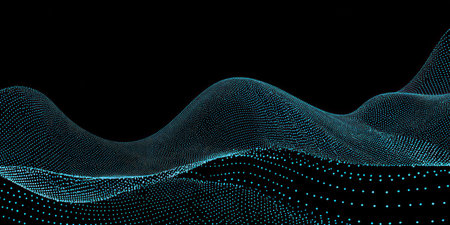 Abstract, undulating, blue dotted landscape on a black background, with a depth effectの素材