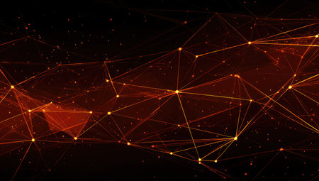 Abstract orange network with glowing nodes and connecting lines on a black backgroundの素材