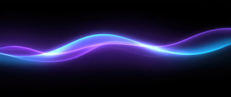 Glowing, wave-like line of vibrant blue-purple light against a dark background, flowingの素材