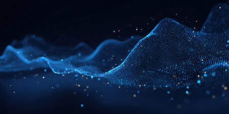 Abstract digital artwork, a flowing wave of blue and gold particles on dark backgroundの素材
