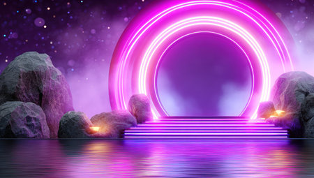 A neon-lit portal glows over reflective water with stone formations and a starry backdropの素材