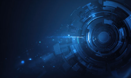 Futuristic, blue digital interface with layered circles and scattered light effectsの素材