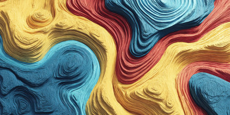 Abstract, textured artwork with swirling patterns in shades of yellow, blue and redの素材