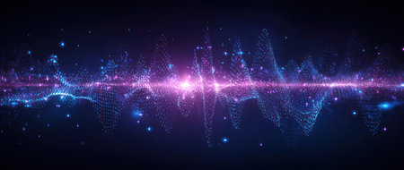 Abstract waveform depicted as a luminous, speckled ribbon with a central bright glowの素材