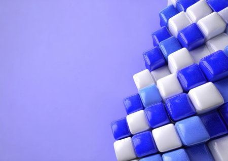 Abstract composition of blue and white cubes arranged diagonally on a lavender backgroundの素材