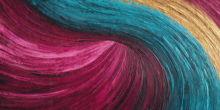 Abstract, vibrant artwork with flowing brushstrokes of teal, gold, and magenta huesの素材