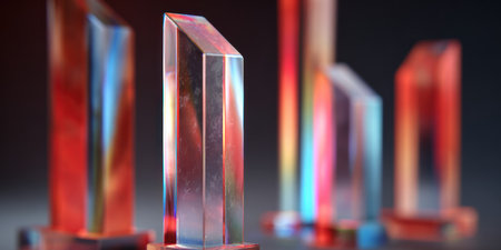 Close-up of prismatic, crystal-like structures reflecting colorful light against a blurred backgroundの素材