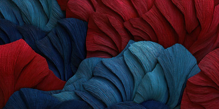 Abstract textured art; layered fabric waves in shades of red, blue, and tealの素材