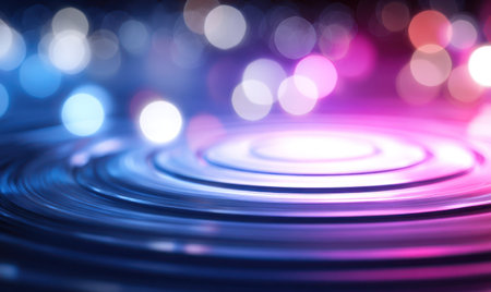 Concentric ripples lead to a central platform, bathed in vibrant blues and pinks, with bokehの素材