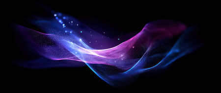 Abstract, flowing lines in hues of blue, pink, and purple, with sparkling accents on black backgroundの素材