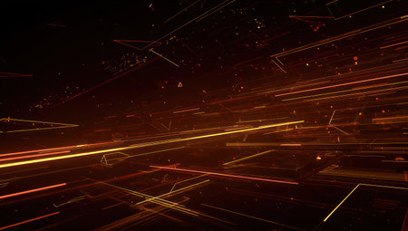 Abstract orange and yellow lines and shapes in a futuristic, technology-inspired spaceの素材