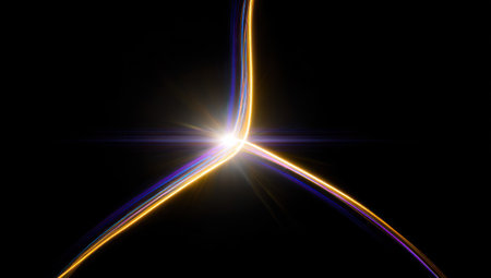 Abstract vibrant light trails converging at a bright central point against a black backgroundの素材