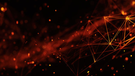Glowing orange interconnected network of points and lines, floating in a dark backgroundの素材