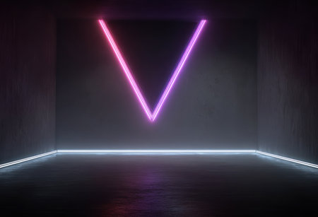 Empty concrete room with a pink-purple neon triangle and white glowing baseの素材