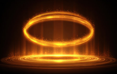 Glowing gold energy portal floats above platform, radiating light. Black backgroundの素材