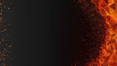 Abstract digital art with fiery orange geometric shapes on dark backgroundの素材