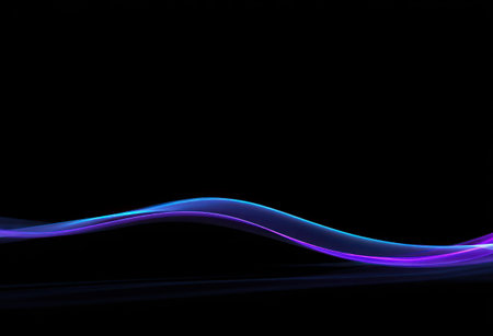Abstract wavy lines of blue and purple light on a black background, with shadowの素材