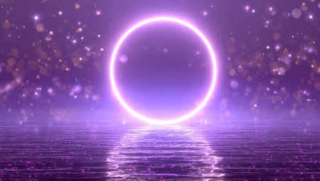 A glowing neon circle floats above a shimmering reflective surface, with bokeh sparklesの素材