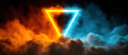 A vibrant, glowing triangle floats in the sky amidst fire and ice-toned clouds, striking contrastの素材