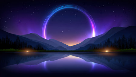 Night landscape of mountains, lake, and starry sky with a glowing circular lightの素材