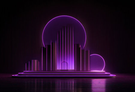 Abstract art deco design; geometric arrangement of vertical lines, circles, and steps bathed in purple neonの素材