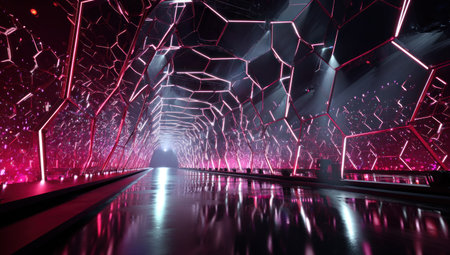 Futuristic tunnel with neon pink lighting and a reflective floorの素材