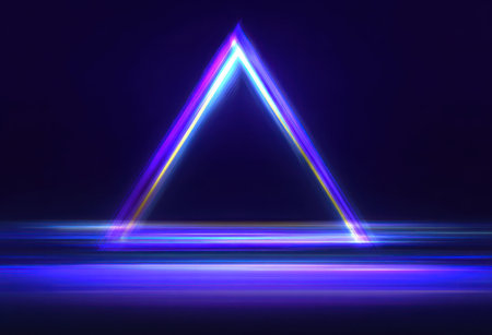 Glowing neon triangle emitting a vibrant light over a blue, blurred and reflective surfaceの素材