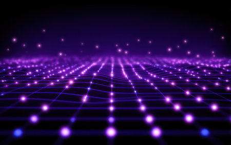 Glowing purple grid of nodes forming a wavy pattern, with additional particles in the darkの素材