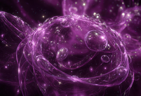 Abstract, glowing, purple spheres and bubbles, reminiscent of microscopic structuresの素材