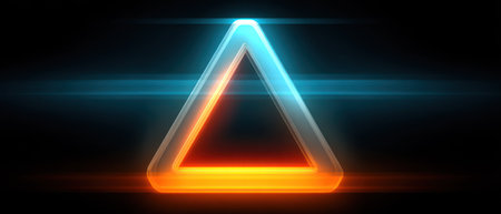 A glowing, stylized triangle, filled with orange light, framed by blue light, on a dark backgroundの素材
