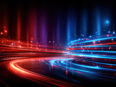 Abstract digital art of glowing red and blue light trails with sparkling particlesの素材