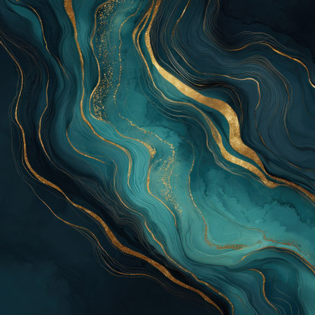 Flowing teal and navy abstract artwork with golden veins and fluid designの素材