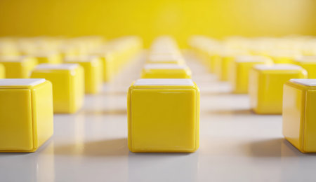 Rows of yellow cubes with white tops on a reflective surface, blurred backgroundの素材