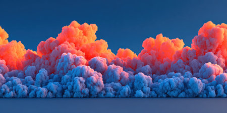 Rendered stylized clouds, gradient colors fiery orange tops, blue bottoms, against a dark blue skyの素材