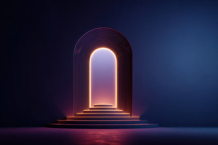 Glowing archway on a pedestal, radiating warmth, set against a dark, gradient backgroundの素材