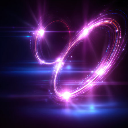 Abstract glowing pink and blue trails swirl against a dark, dynamic backdropの素材