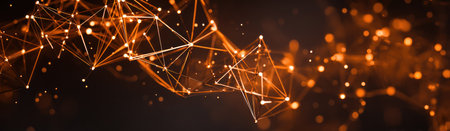Abstract orange network with connected dots and lines on dark backgroundの素材