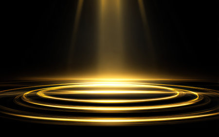 Bright, golden spotlight shines on concentric circles against a dark backgroundの素材