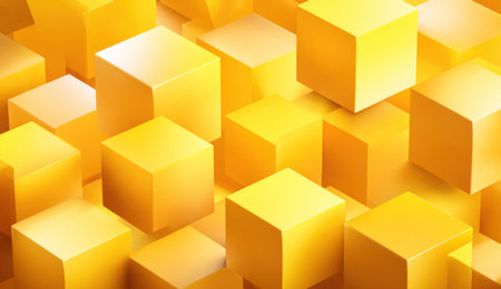 Golden cubes arranged at various heights with soft lighting, abstract, isometricの素材