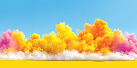 Colorful, stylized clouds of pink, yellow, and orange against a blue sky, with yellow groundの素材