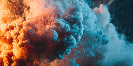 Vibrant abstract image of billowing orange and blue smoke clouds merging in a dark spaceの素材