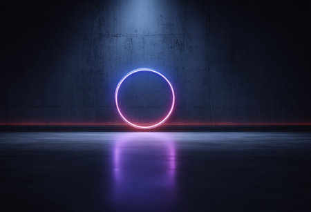 A neon circle glows against a dark, textured wall, reflected in a polished floorの素材