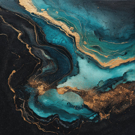 Fluid, abstract painting with swirling teal, gold, and black colors; looks like stoneの素材