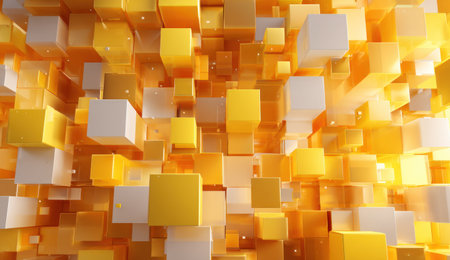 Abstract golden cubes of varying sizes float against a bright, warm gradientの素材