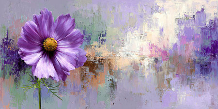Purple flower with a yellow center, stems, and leaves in front of a textured, abstract backgroundの素材
