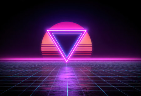 Retro digital art piece with a glowing triangle, sun, and gridded floor, all neonの素材